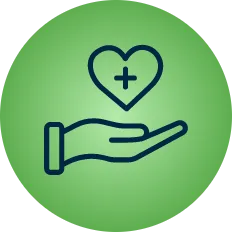 Iconography of open palm hand lifting a heart with a plus sign
