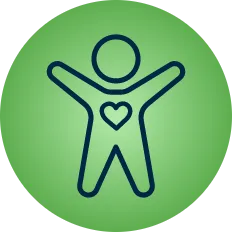 Iconography of person with arms spread and a heart in the center of their body