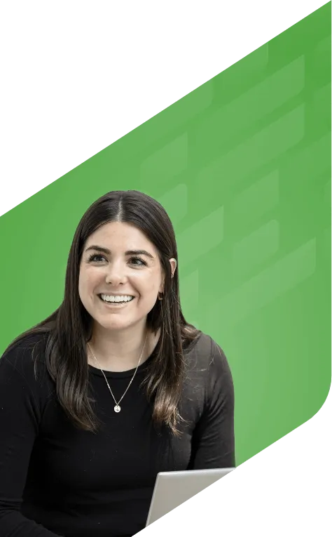 Candid photo of smiling woman against green background with subtle TerSera logo texture