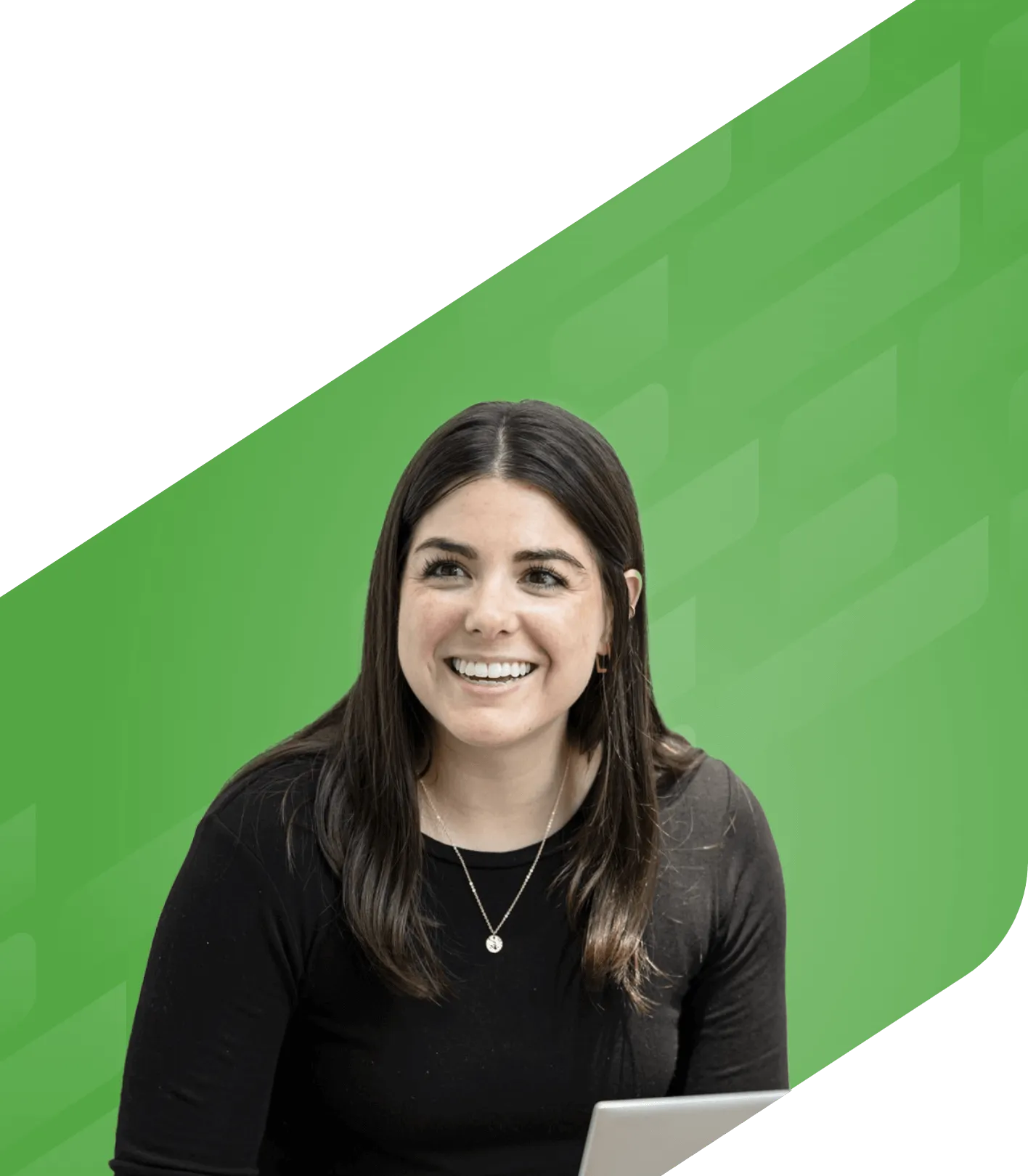 Candid photo of smiling woman against green background with subtle TerSera logo texture